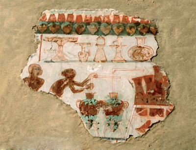 Un frammento di pittura risalente al 1350-1300 a.C. da Tebe. Nella scena due coppieri che attingono il vino dalle anfore, parte della decorazione della tomba dello scriba Senenra